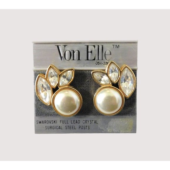 Vintage 1980s Von Elle Swarovski Crystals Faux Pearl Pierced Earrings Goldtone - Picture 1 of 7